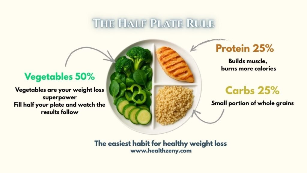 Half plate vegetables for weight loss – fill half your plate with low calorie, high fiber vegetables